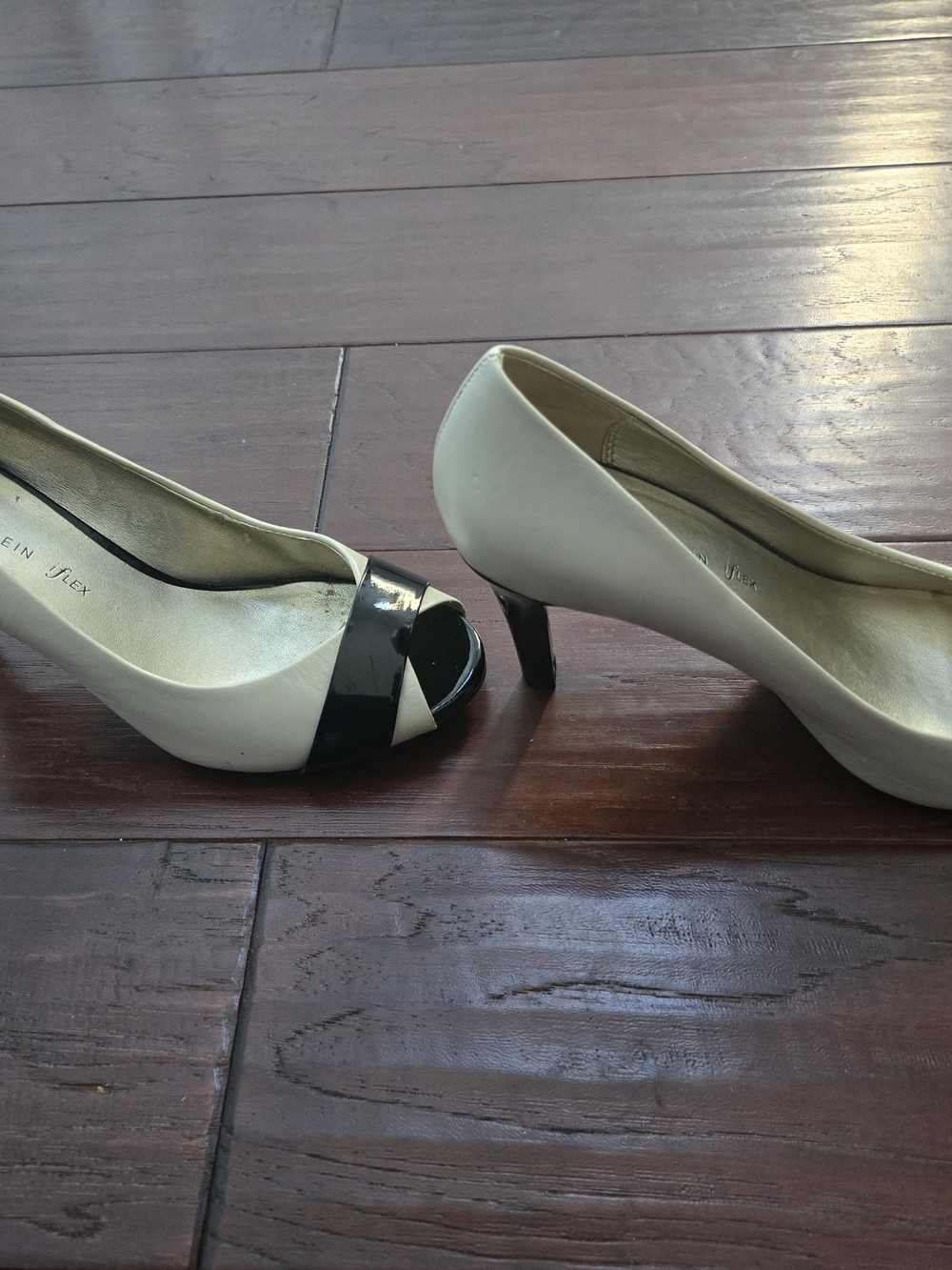 Anne Klein Cream Peep Toe Pumps with Black Patent Cap